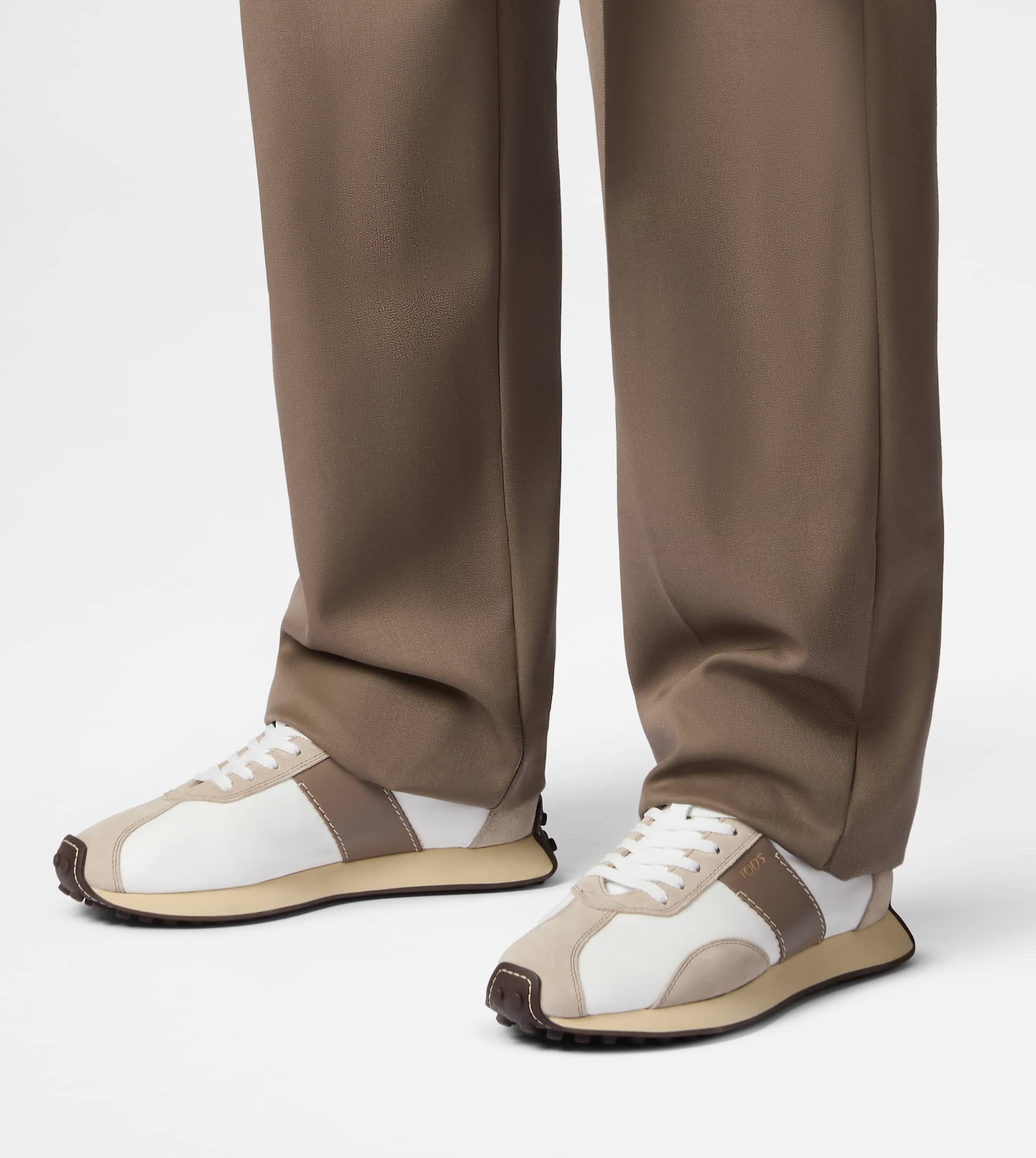 SNEAKERS IN LEATHER AND TECHNICAL FABRIC - BEIGE, WHITE, BROWN - 6