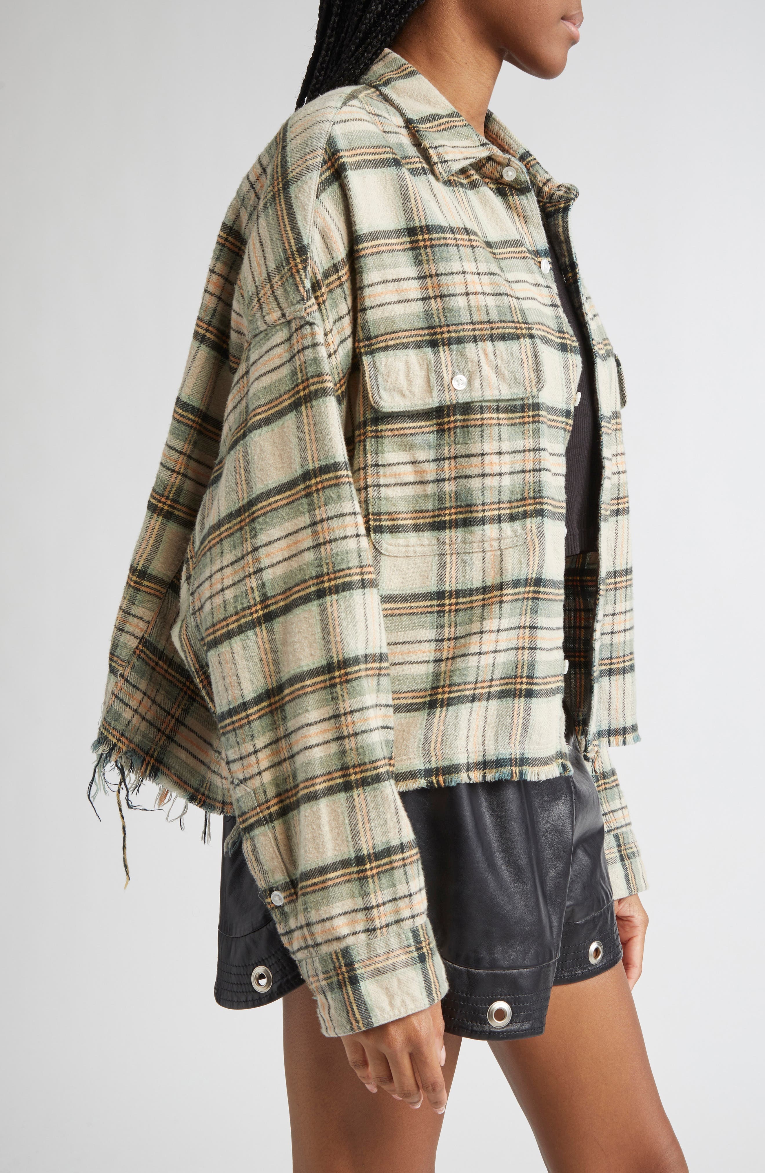 R13 Crop Plaid Flannel Button-Up Shirt in Cream/Turquoise Plaid at Nordstrom - 4