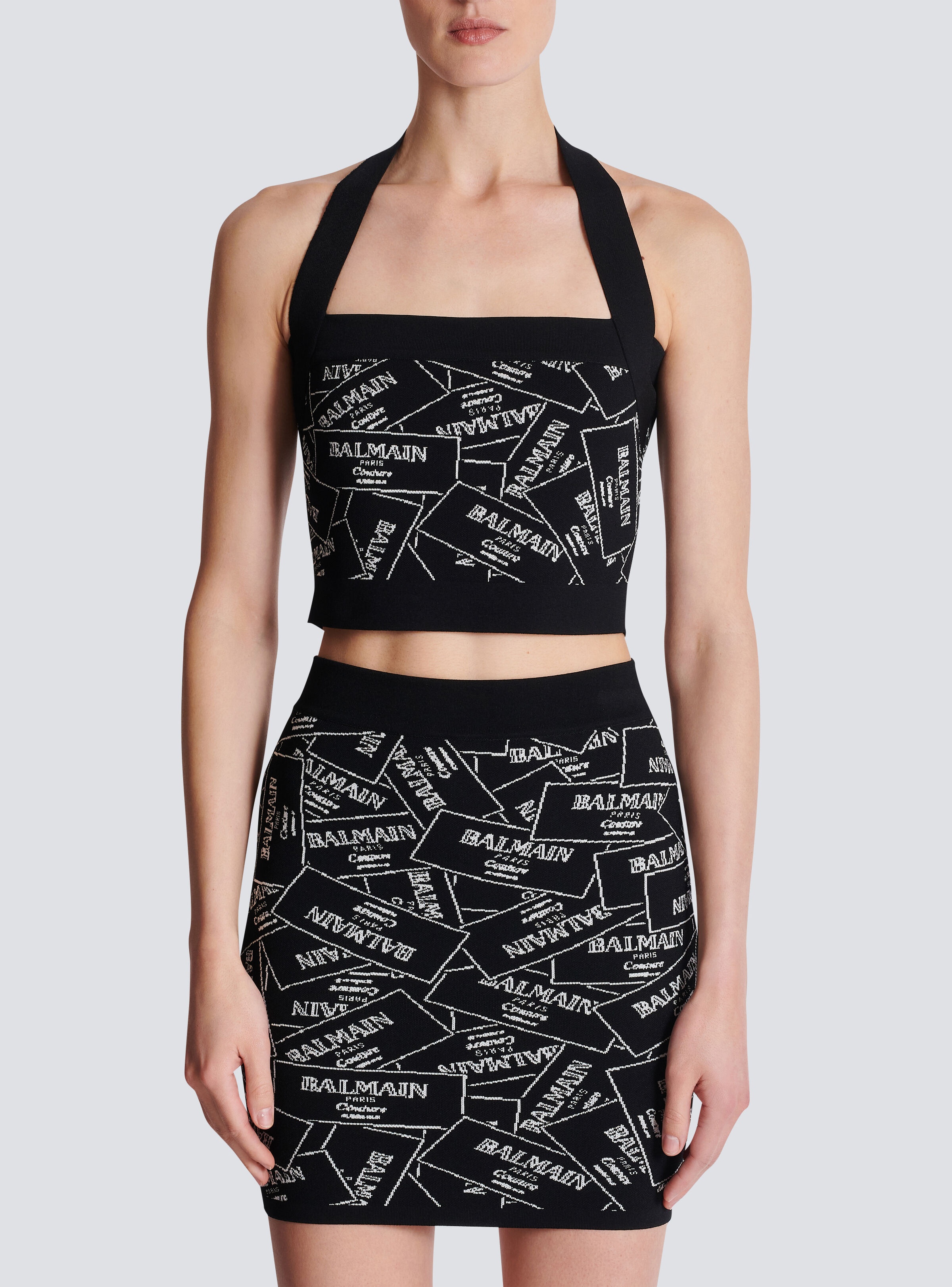 Knit halterneck top with Balmain label motif - 5