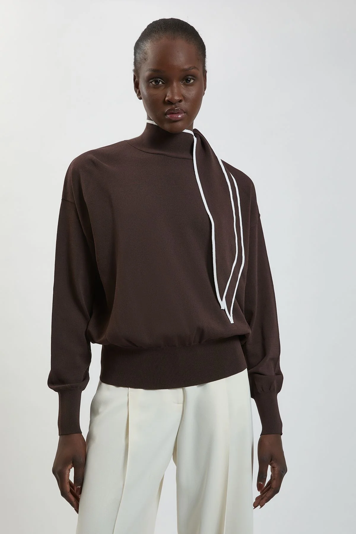 Knitted Viscose Neck Tie Jumper - 1