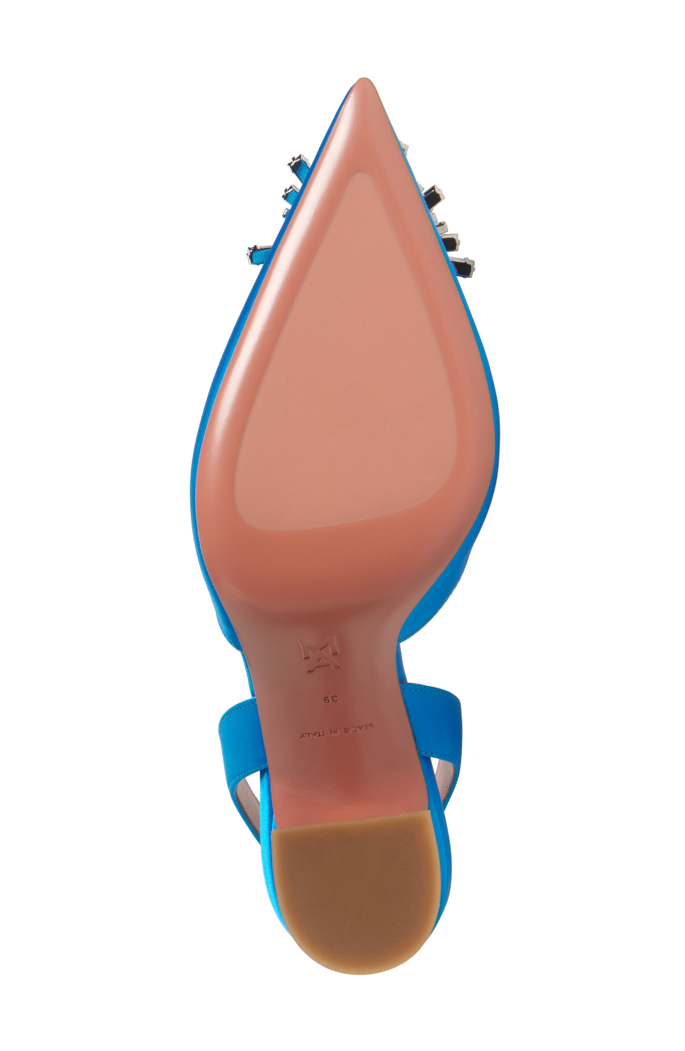 Amina Muaddi Begum Crystal Pointed Toe Slingback Pump in Satin Azur/White Crystal at Nordstrom - 6