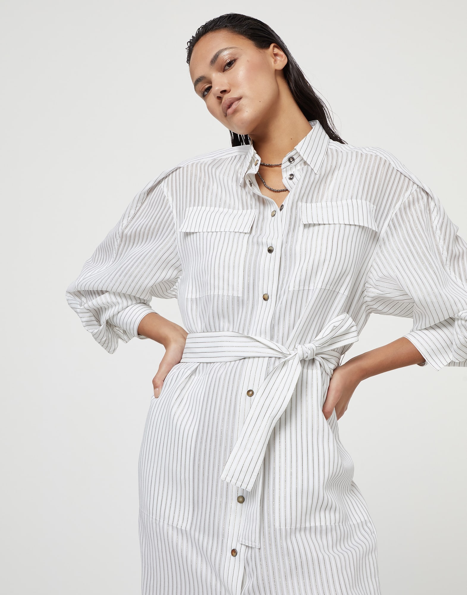 Cotton and silk sparkling stripe organza shirt dress with monili - 4