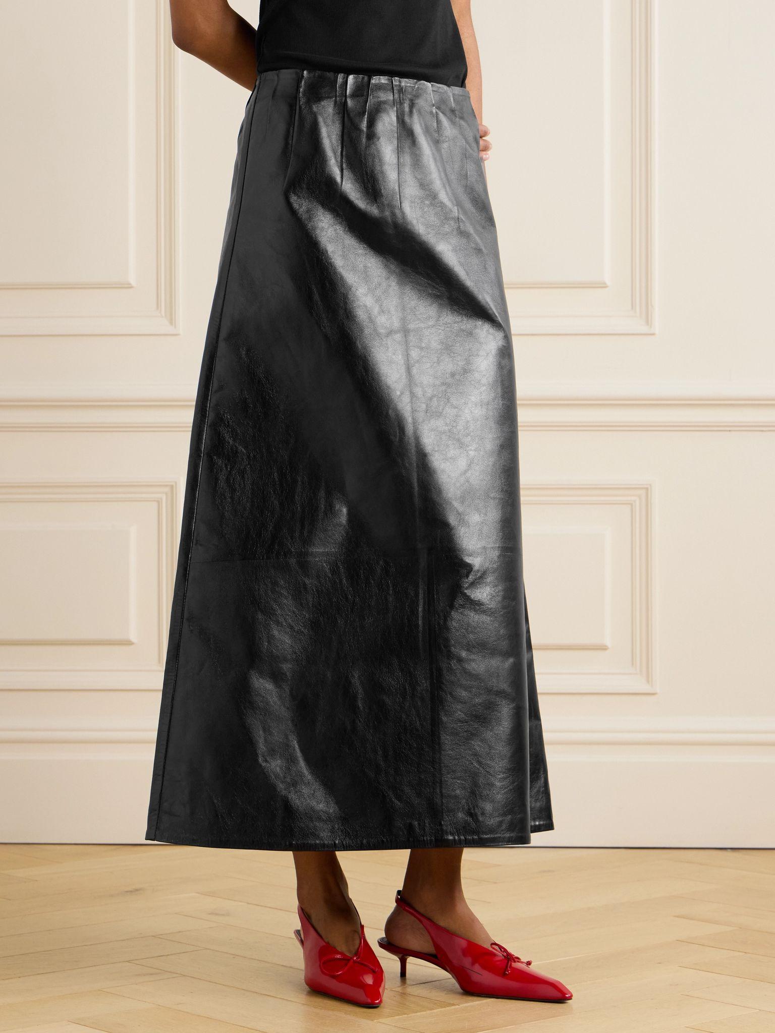 Paneled crinkled-leather midi skirt Black - 3