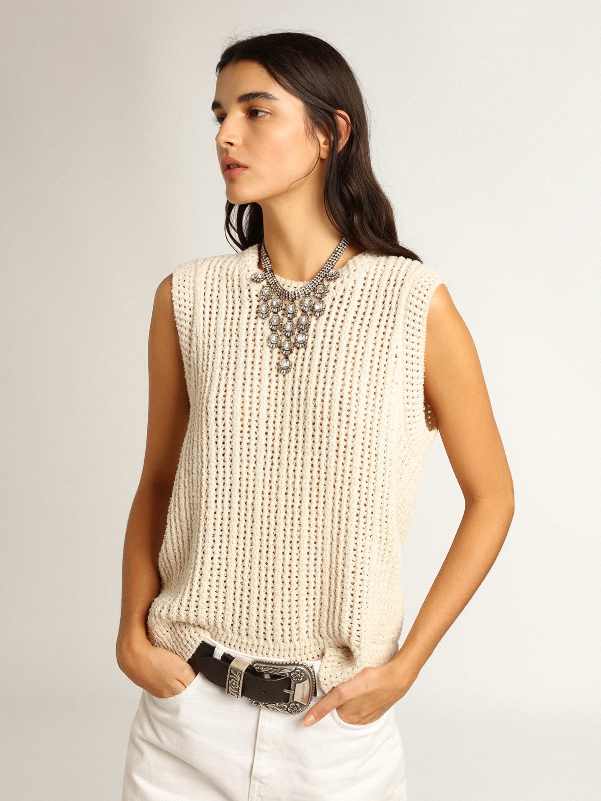 Papyrus-colored knitted sleeveless top - 5