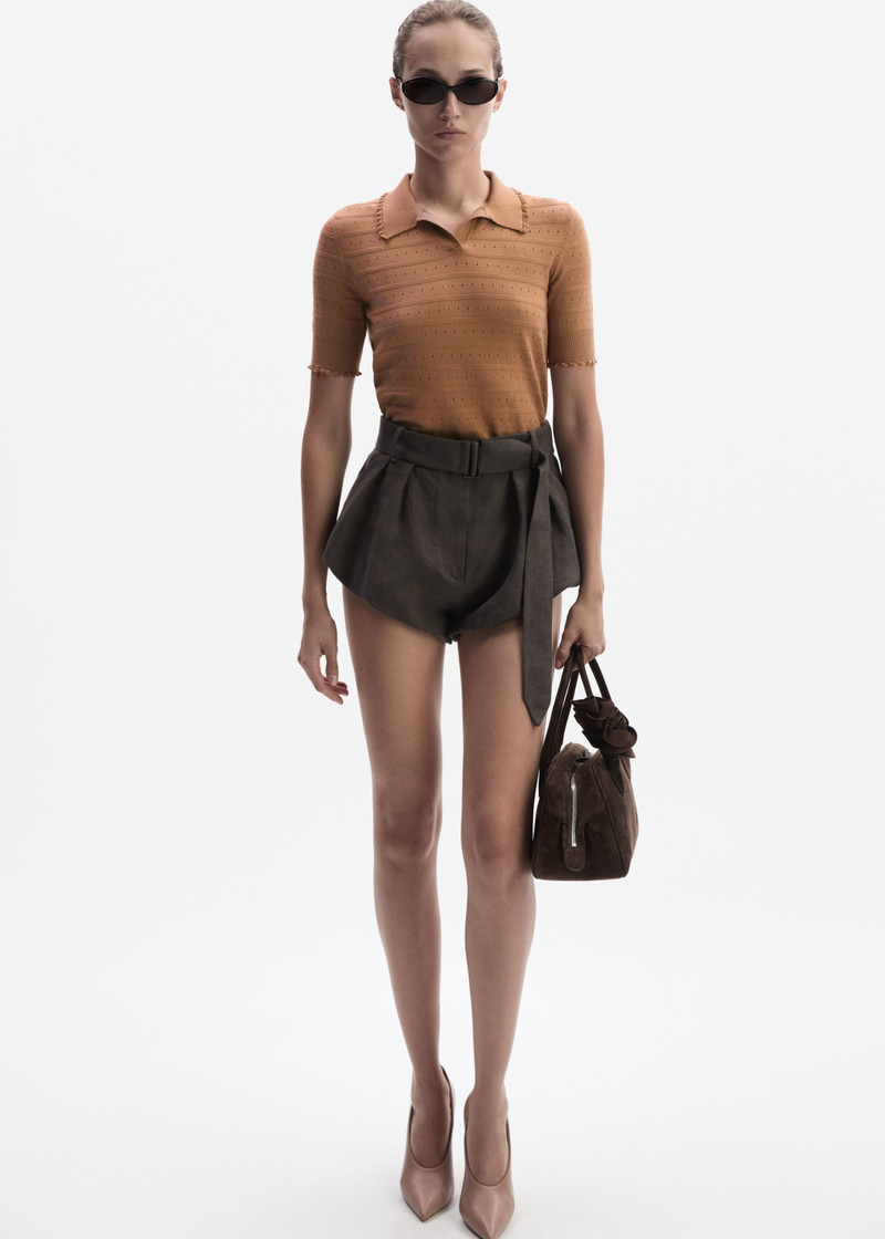Polo knit top with frill details in beige 4