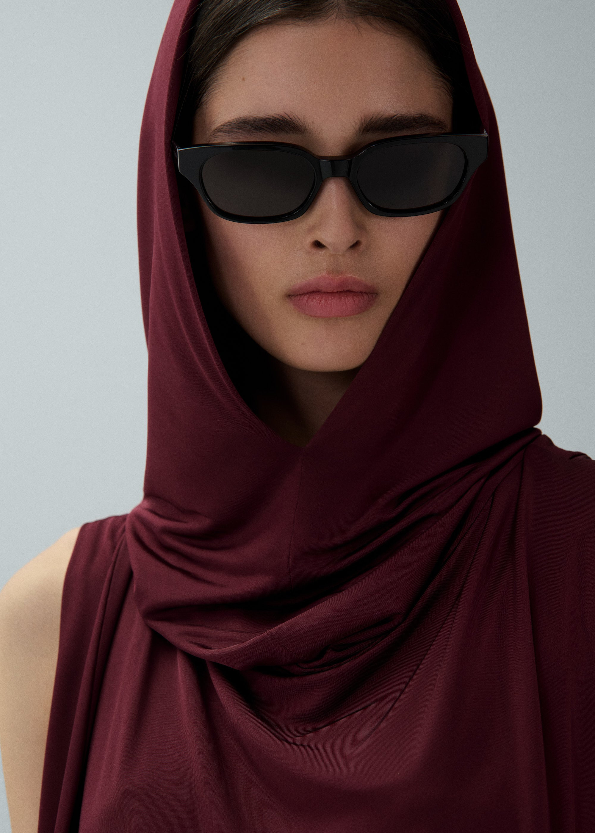 Hooded drape dress in burgundy - 5