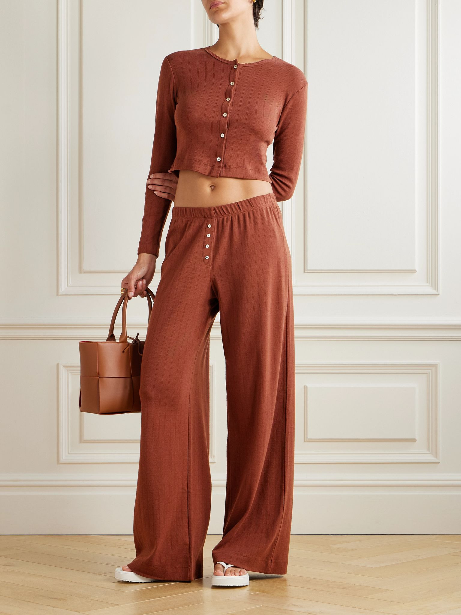 Boxer pointelle-knit cotton wide-leg pants Red - 2