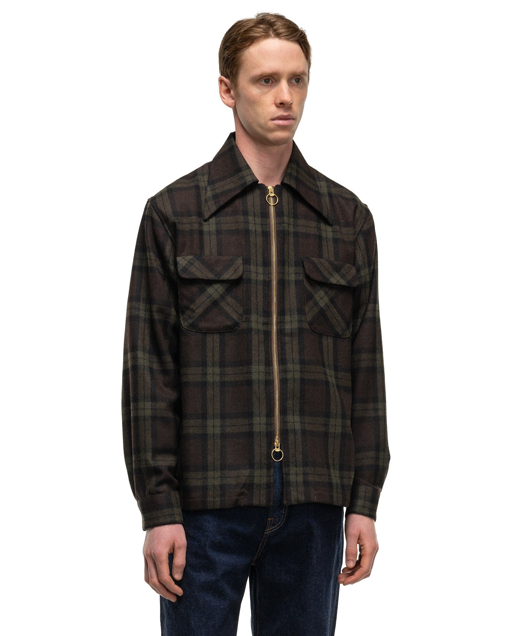 Wool Check DRIZZLE Open Collar Shirt Khaki - 4