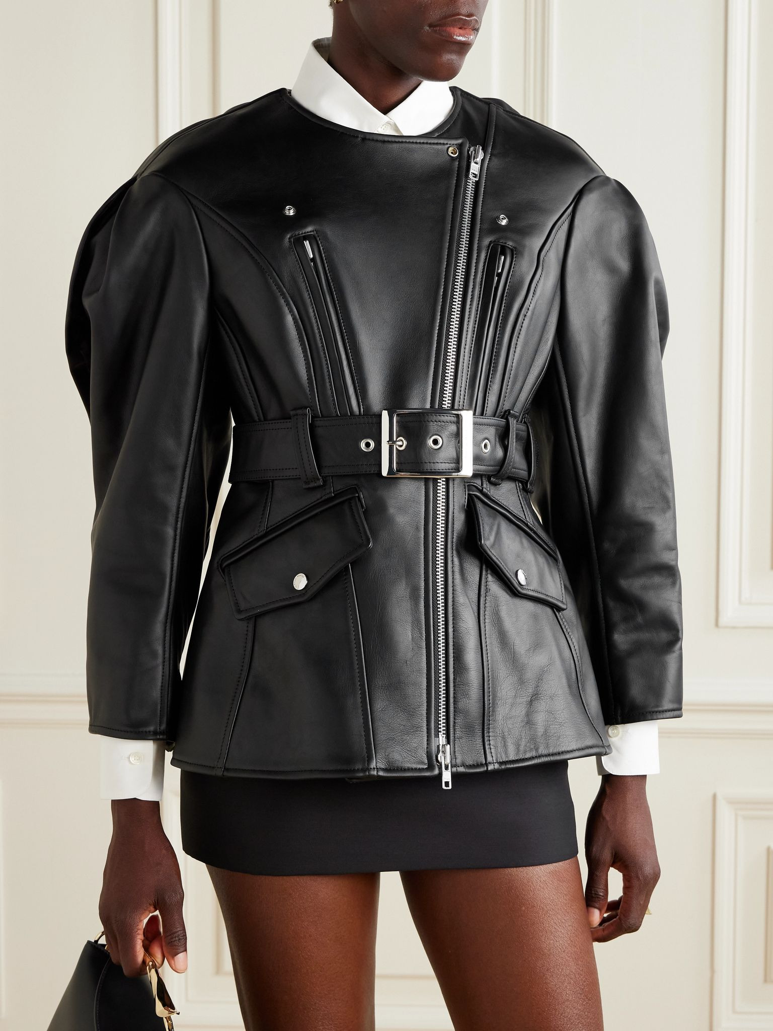 Belted leather jacket Black - 3