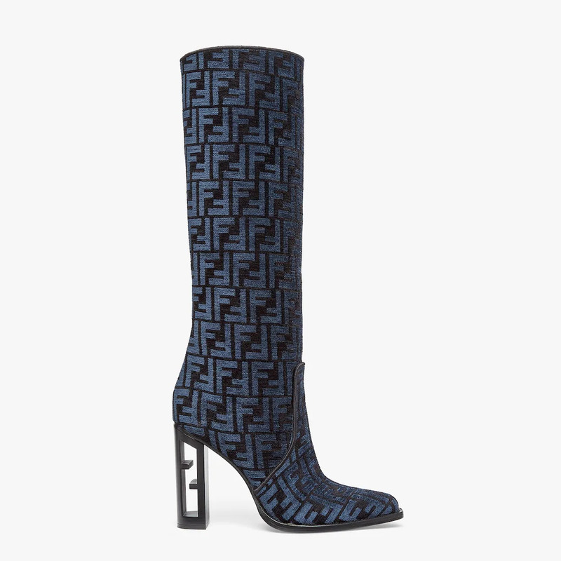 High-heeled blue FF chenille boots 1