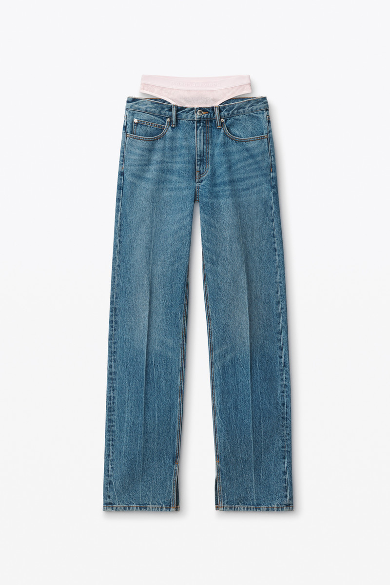 pre-styled straight-leg slit-hem jeans in cotton - 1