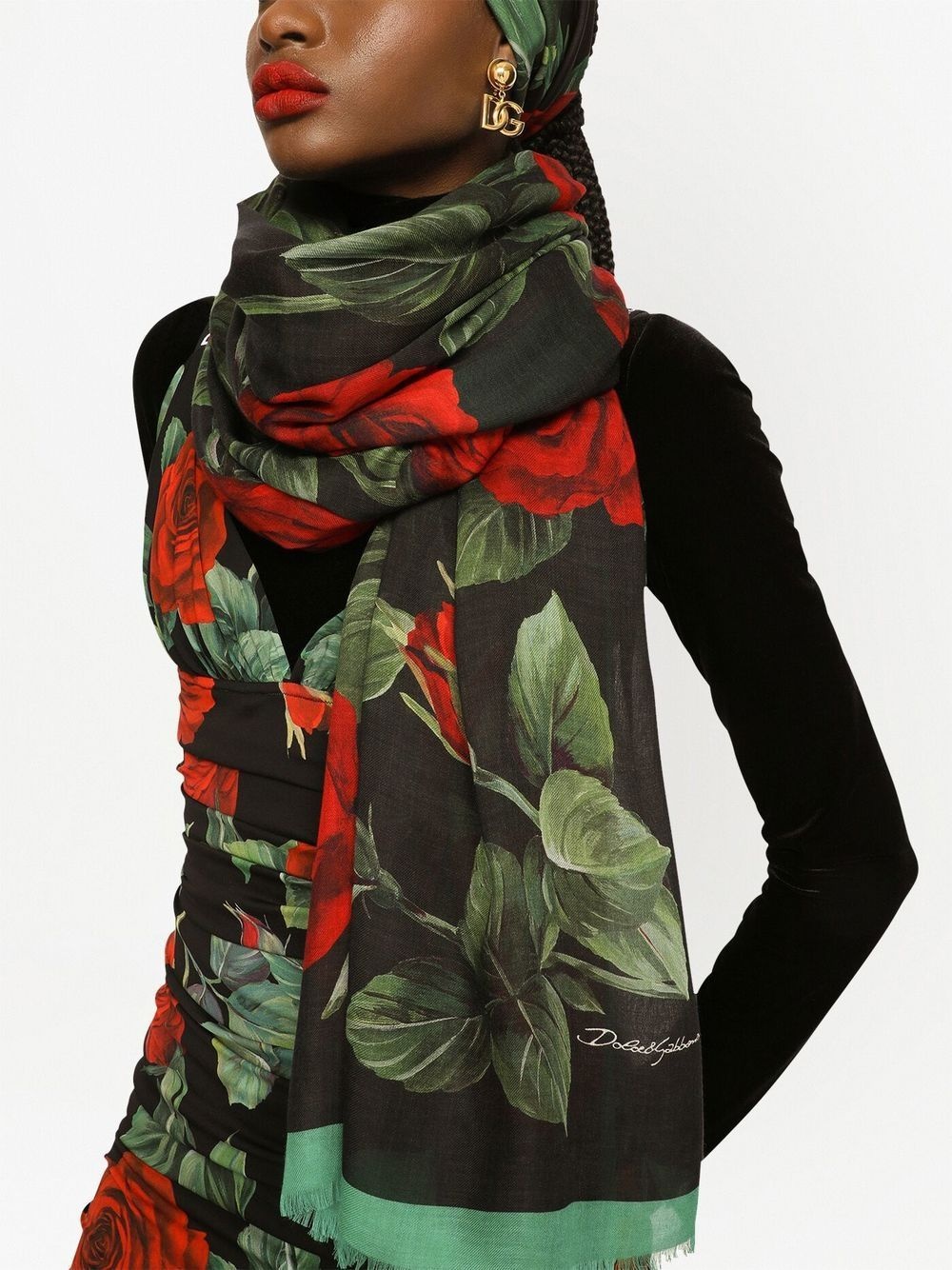 rose-print contrast-border scarf - 2