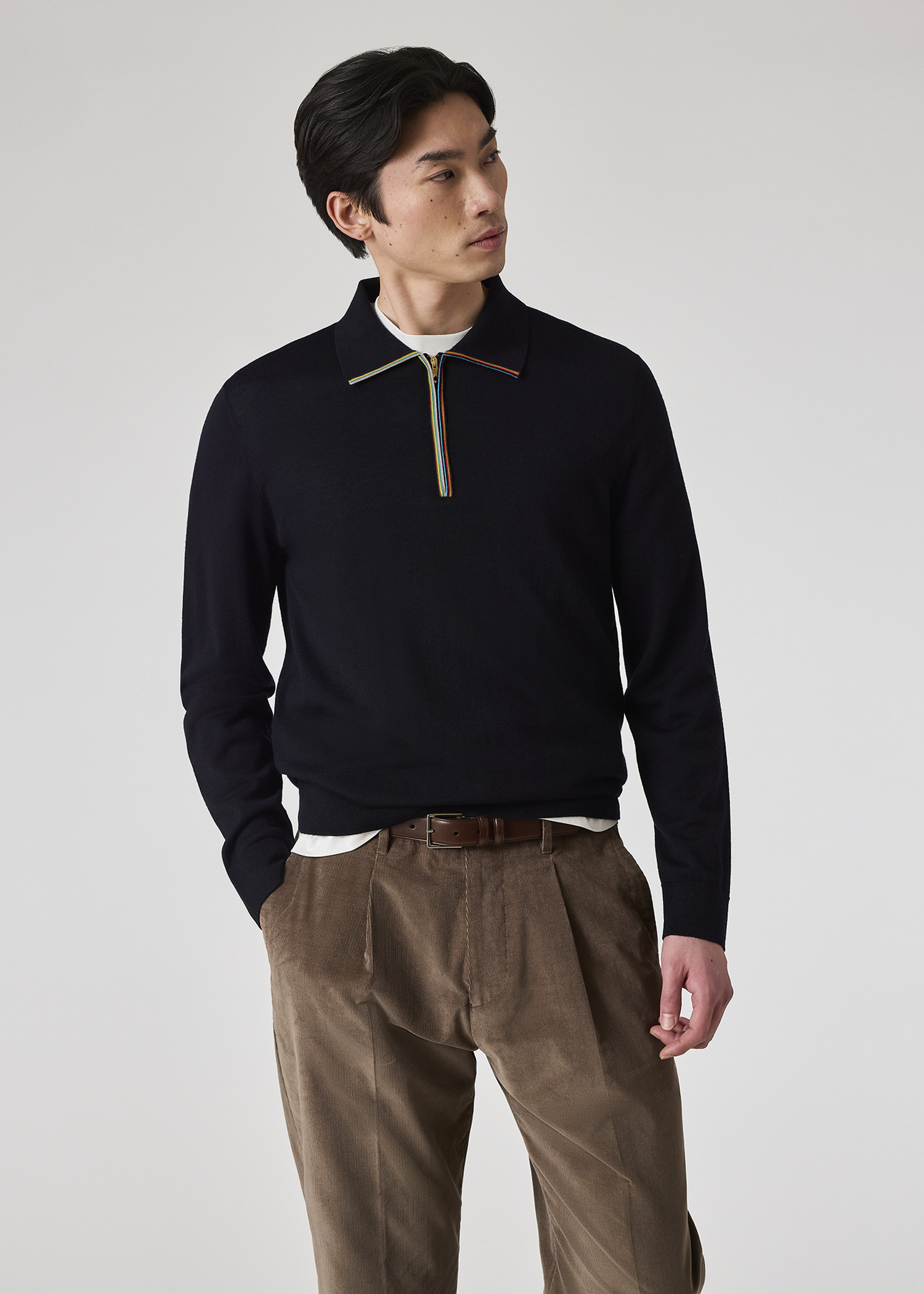 Dark Navy 'Signature Stripe' Zip Trim Long-Sleeve Polo Shirt - 3