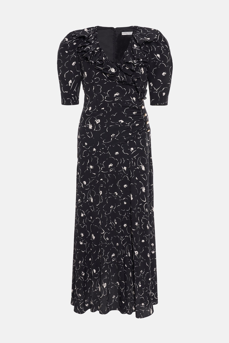 FLORAL PRINT SILK DRESS WITH V RUFFLE COLLAR 1