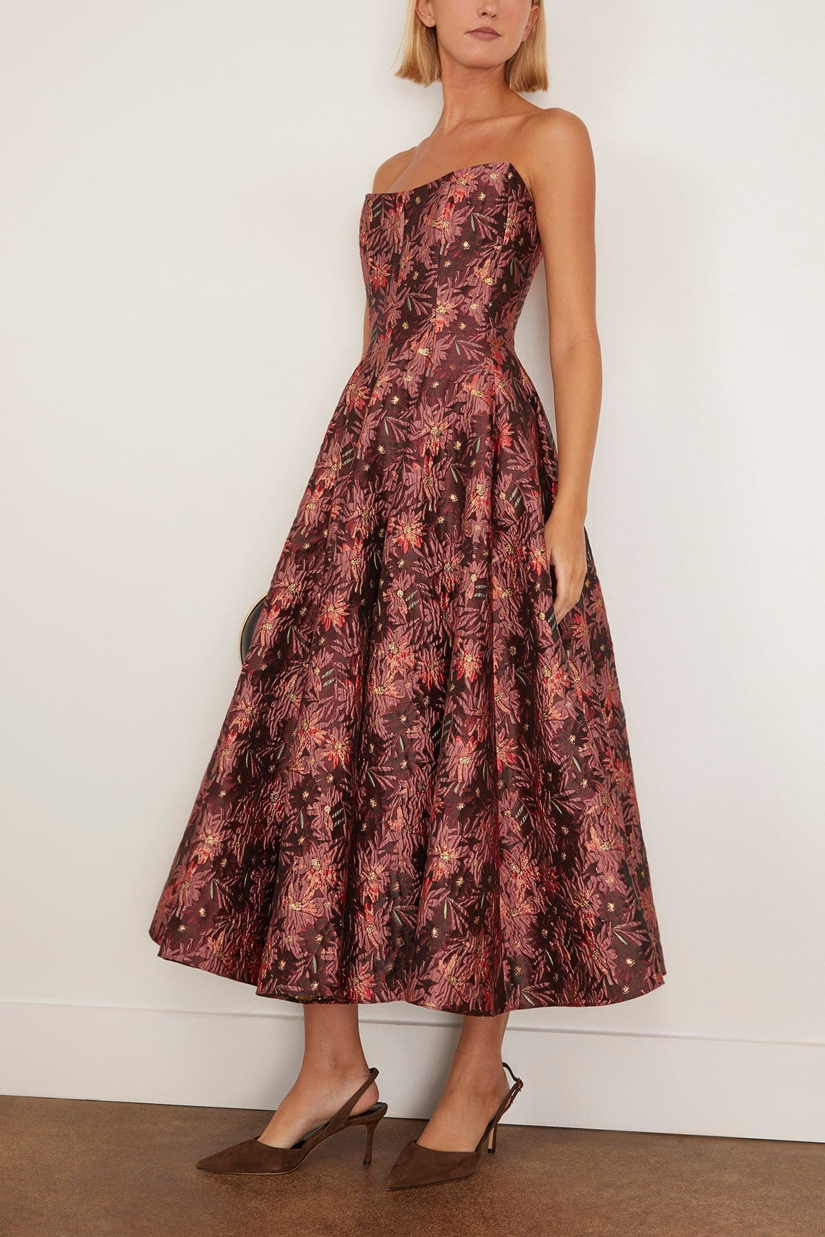 Rousseau Floral Brocade Midi Dress in Burgundy Metallic Daisy - 2