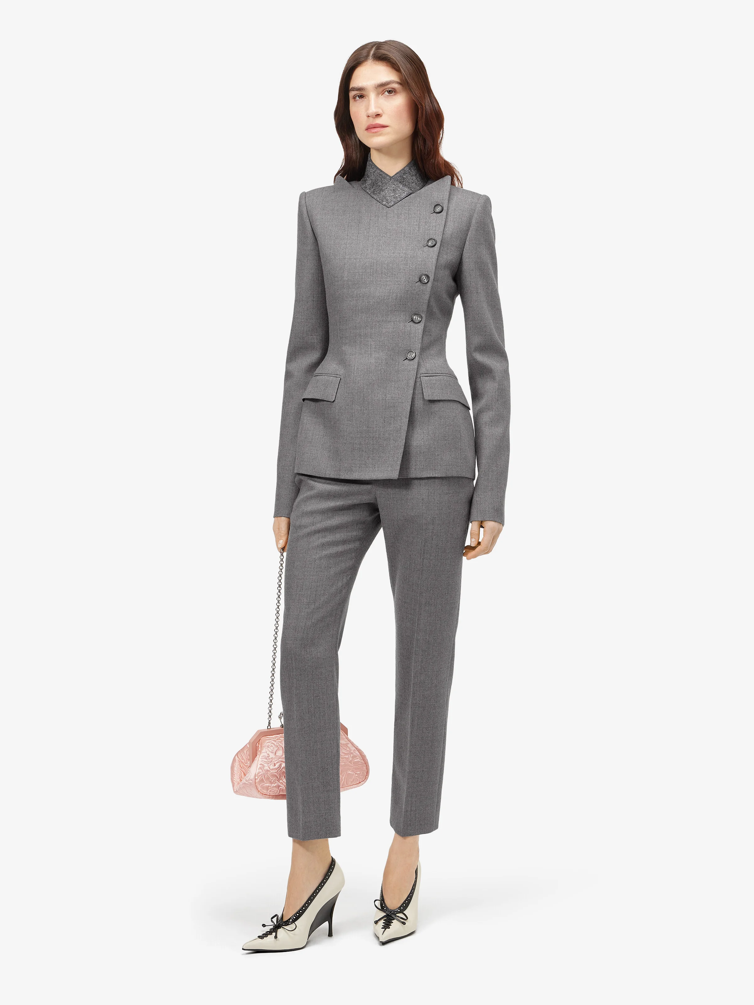 Women's Wool Pinstripe Cross Lapel Jacket in Grey - 1