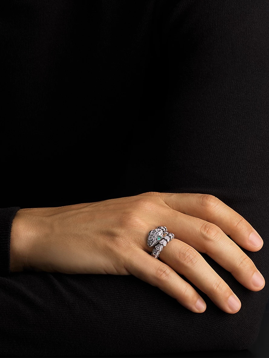 Serpenti Tubolari 18ct white-gold, 3.75ct brilliant-cut diamond and 0.26ct emerald ring - 2