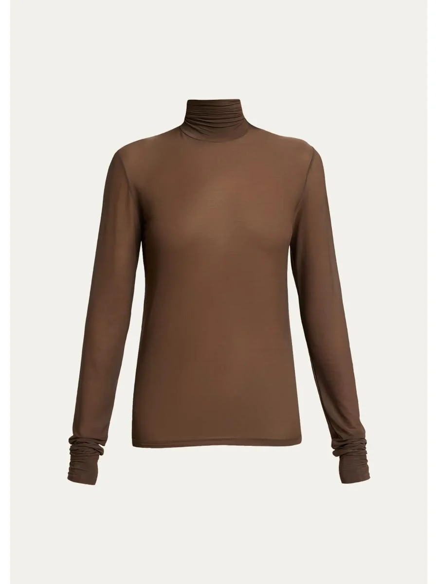 Turtleneck Sheer Jersey Stretch Long-Sleeve Top - 1