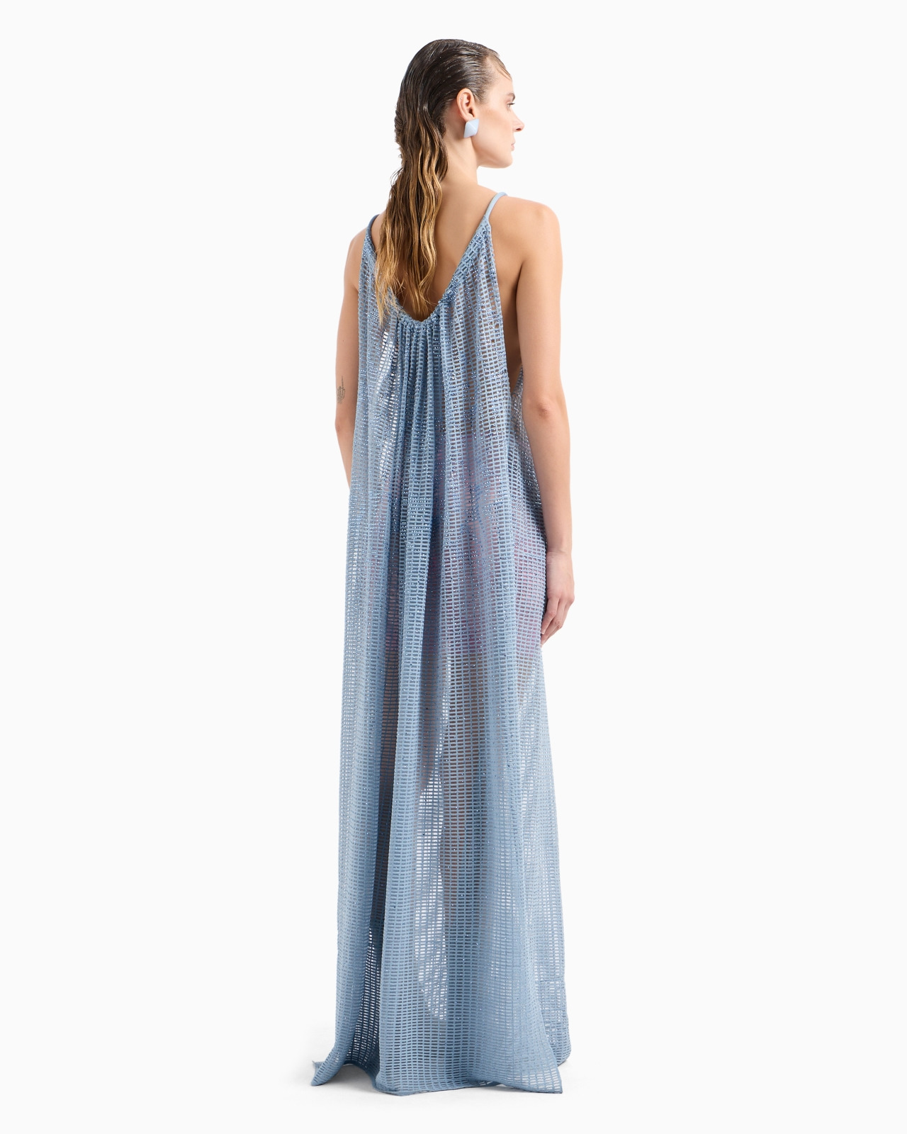 Plain knit and ottoman long dress with all-over rhinestones - 3