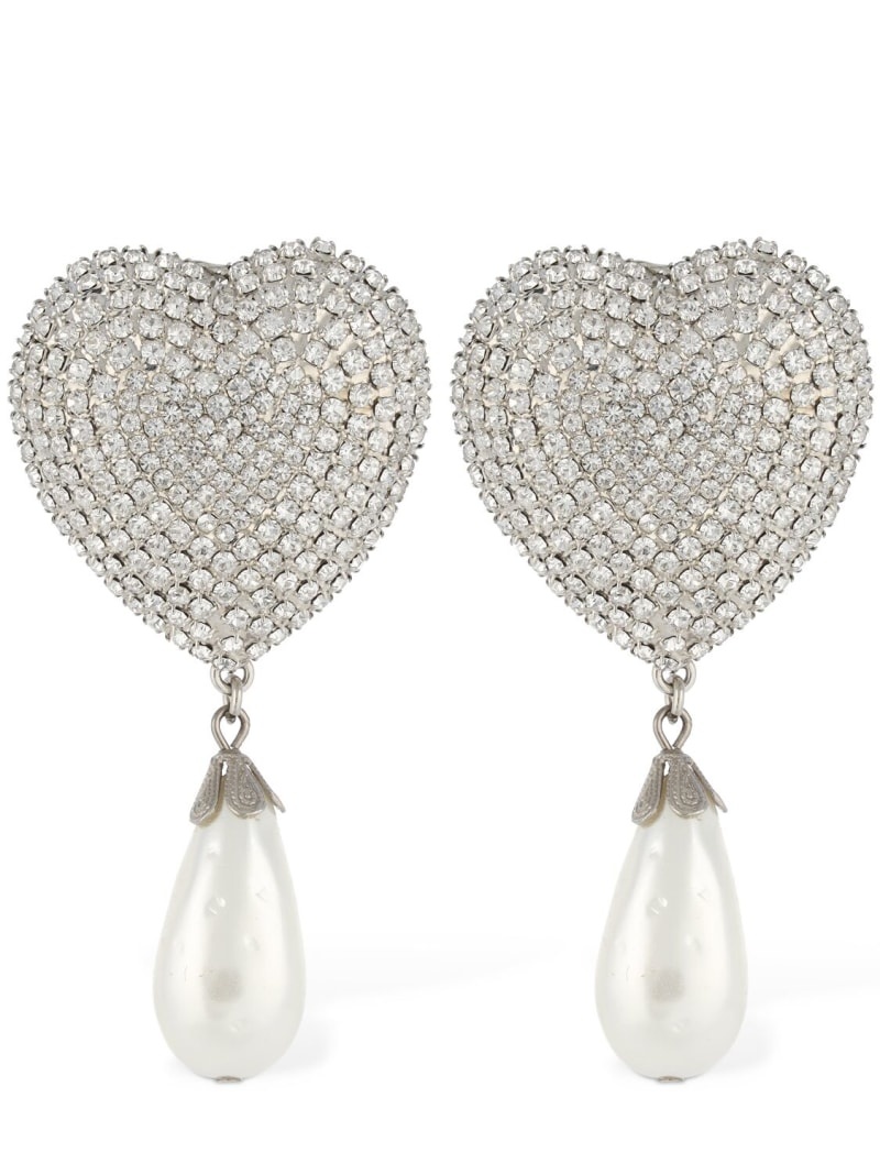 Heart crystal & faux pearl drop earrings - 1