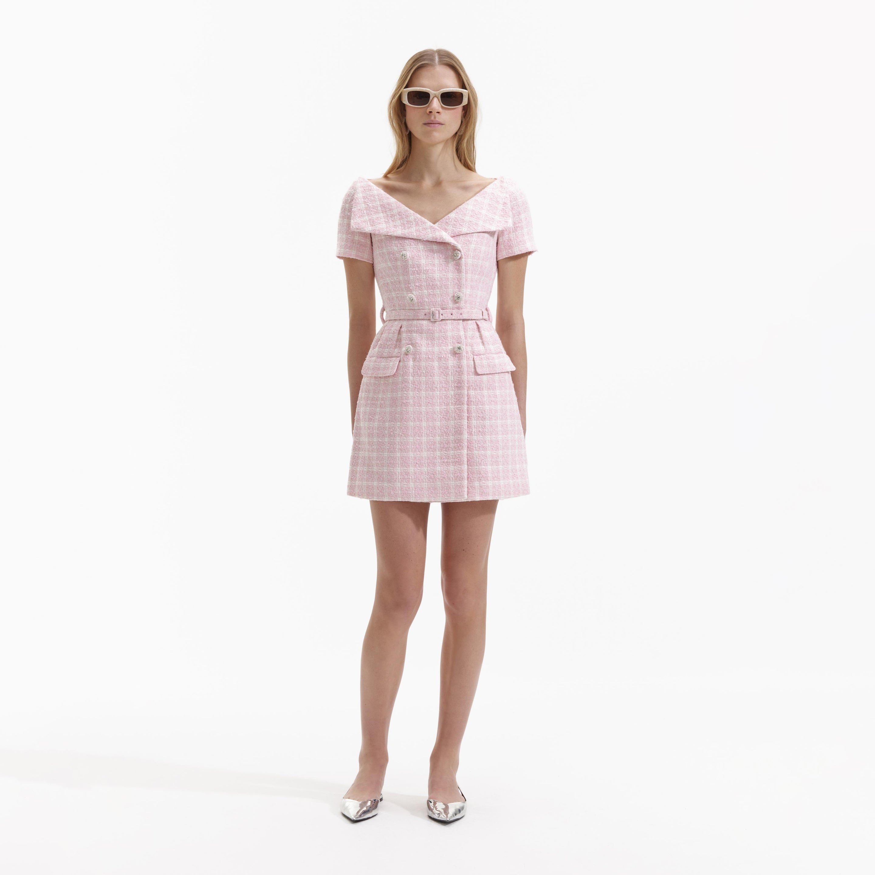 Pink Boucle Off Shoulder Mini Dress - 1