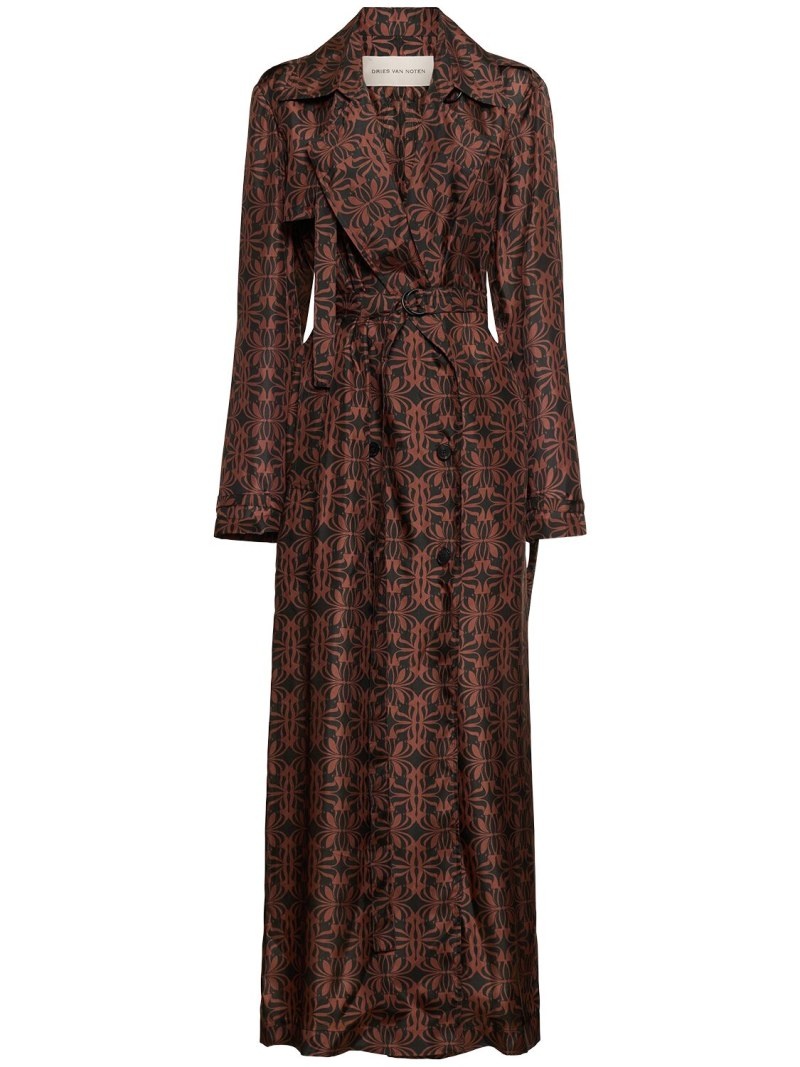 Printed silk satin belted long coat - 1