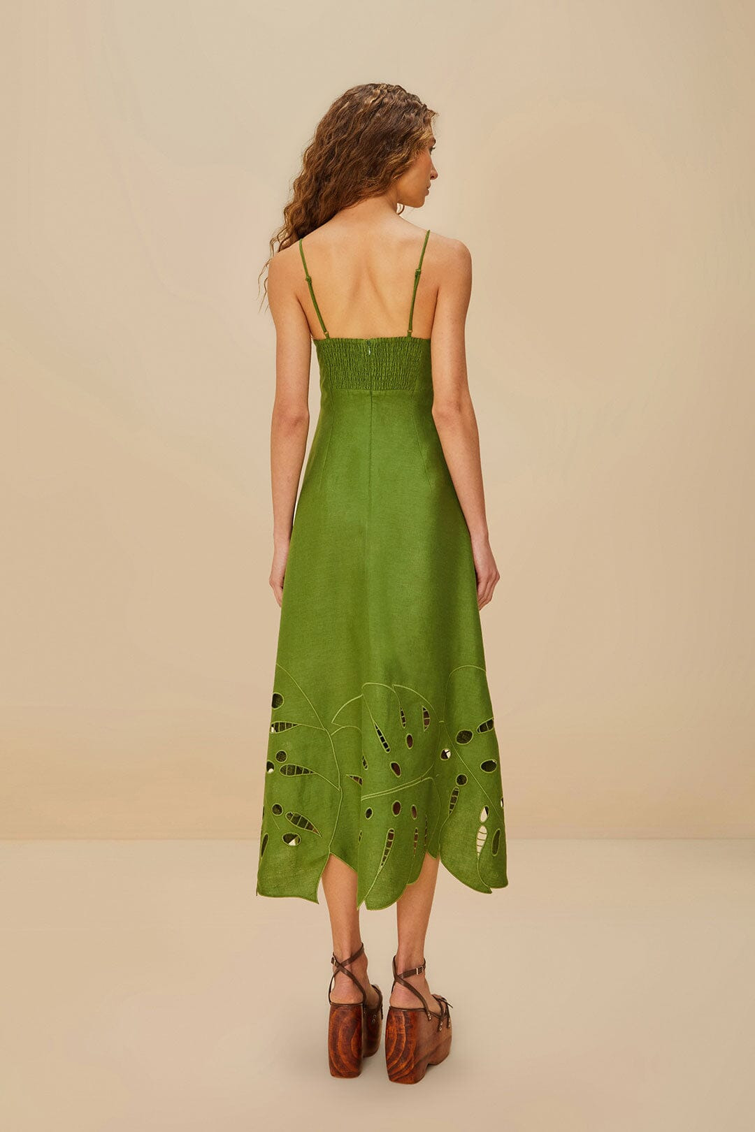 Green Monstera Embroidered Euroflax™ Premium Linen Midi Dress - 4