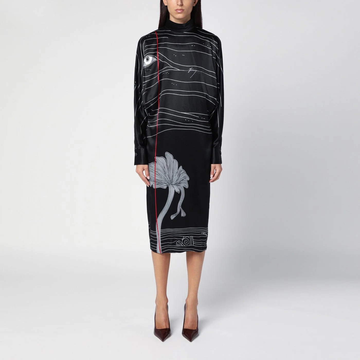 Black silk satin midi dress - 1