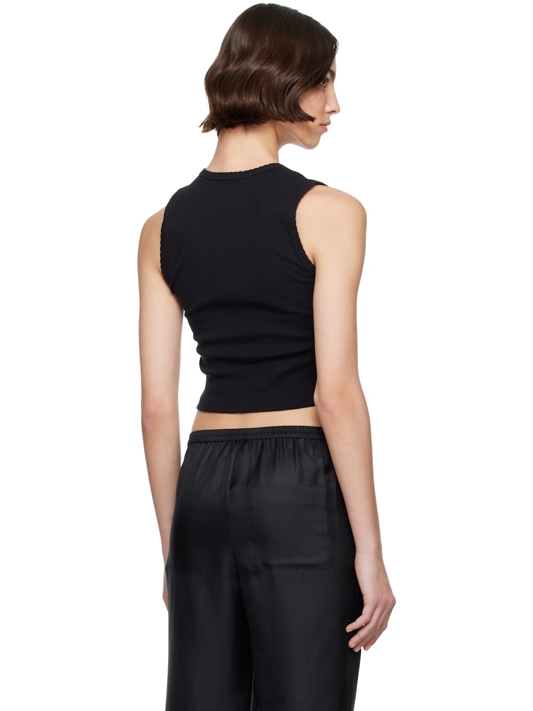 Black Pointelle Sleeveless Crew Tank Top - 3