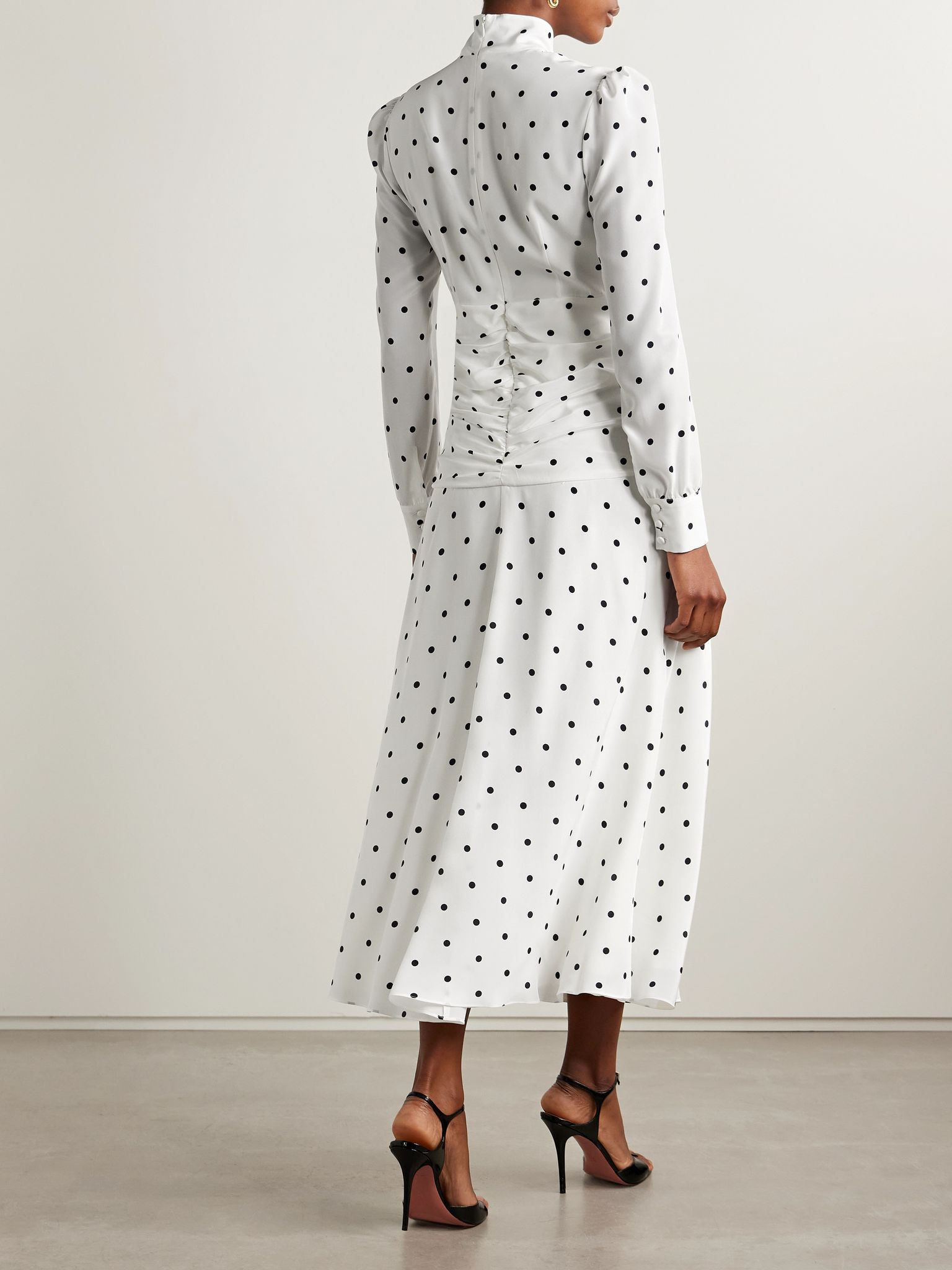 Bow-embellished gathered polka-dot silk-georgette midi dress White - 3