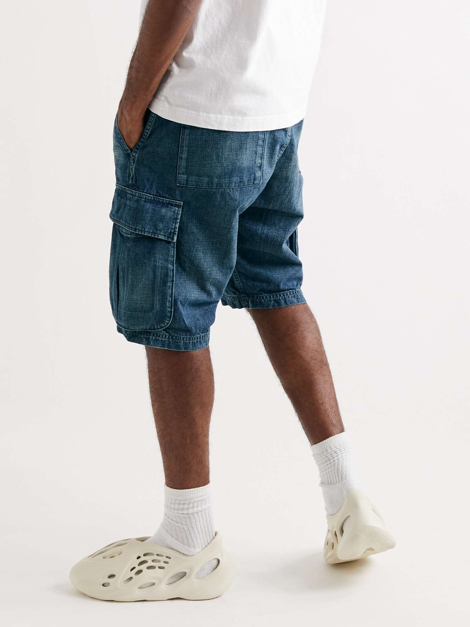 Washed-Denim Cargo Shorts - 4