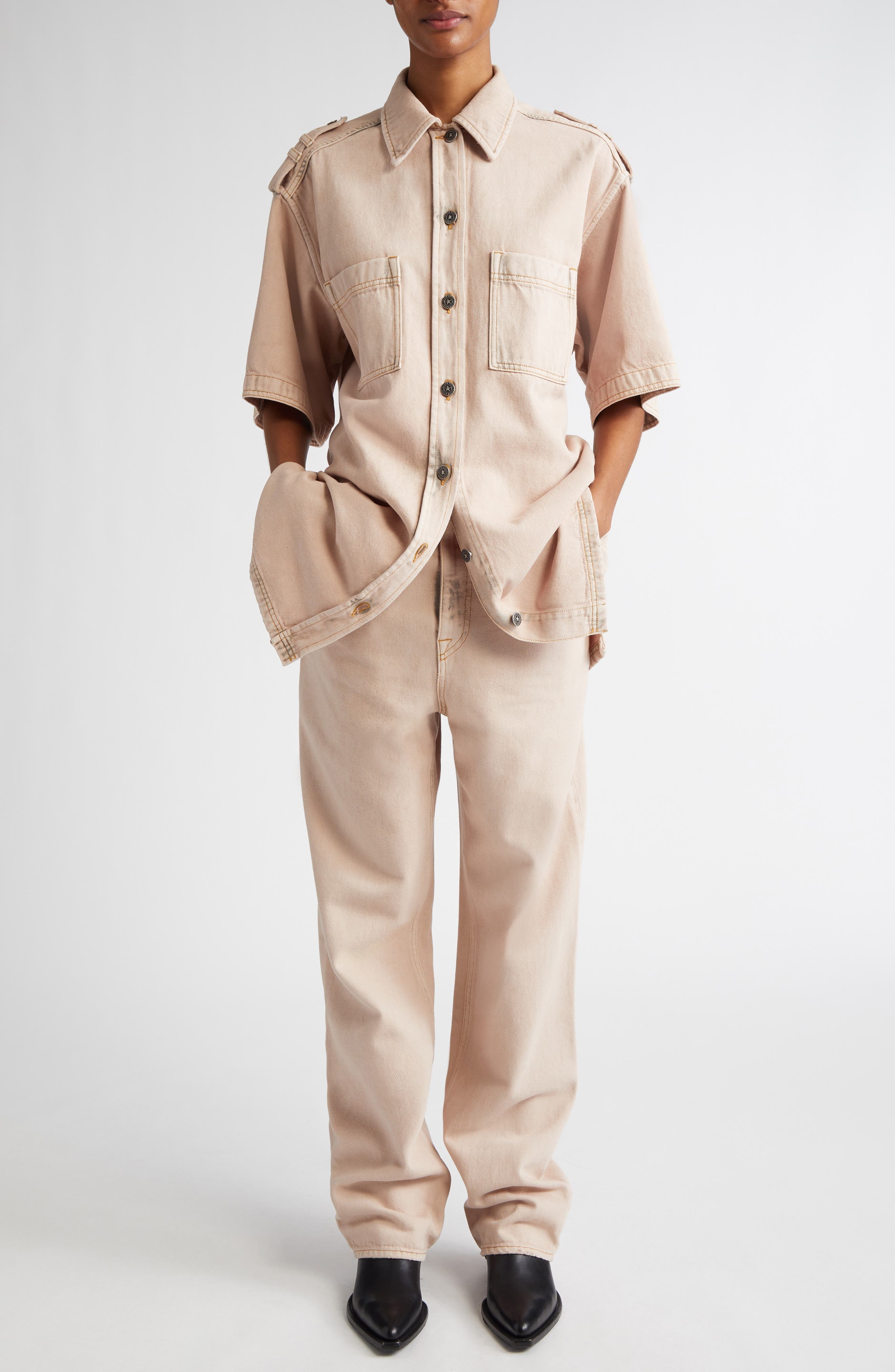 Golden Goose Nicky Oversize Denim Short Sleeve Button-Up Shirt in Shadow Gray at Nordstrom - 2