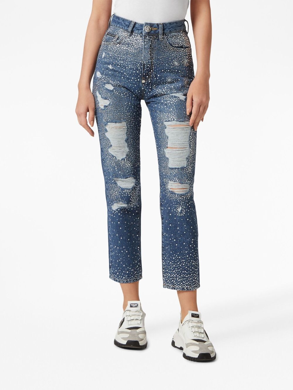 crystal-embellished distressed-denim trousers - 3
