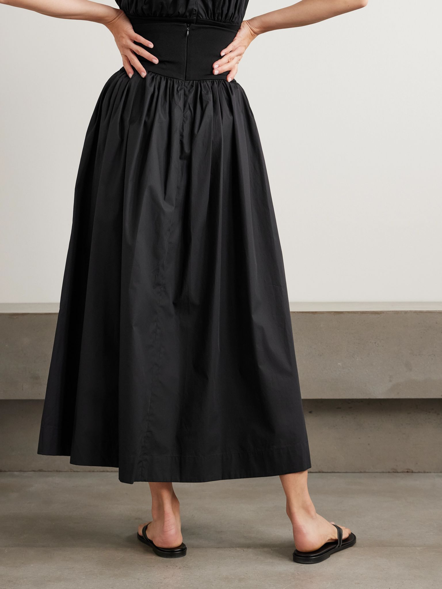 Gathered organic cotton-poplin and stretch-knit maxi skirt Brown - 3