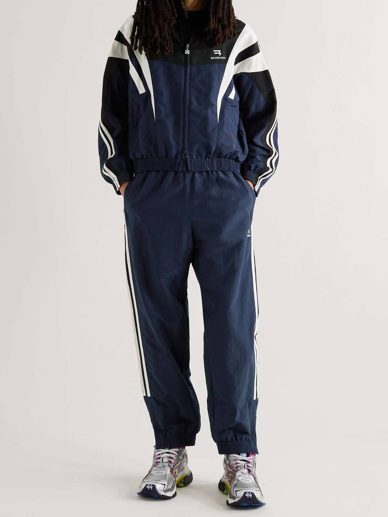BALENCIAGA Slim-Fit Tapered Logo-Embroidered Striped Shell Sweatpants outlook