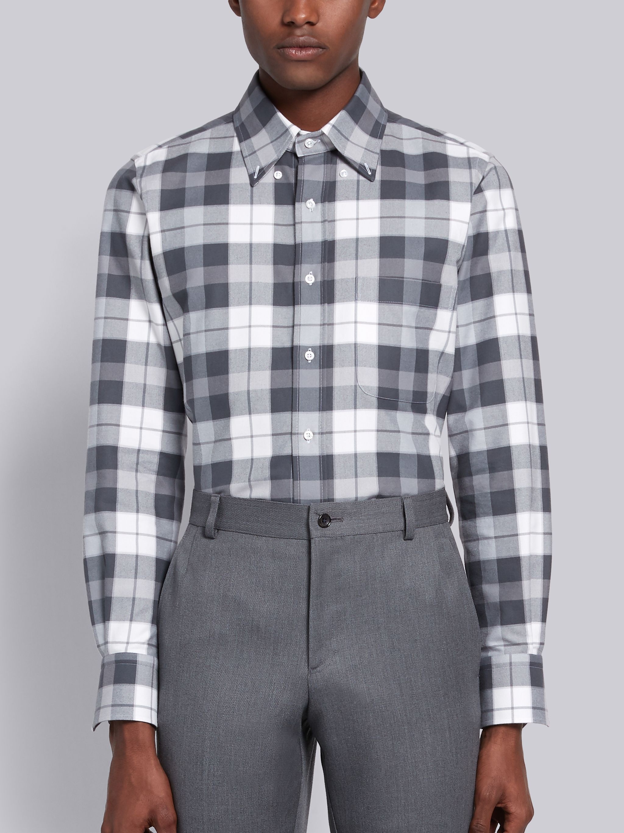 Medium Grey Flannel Tartan Check Straight Fit Long Sleeve Shirt - 1