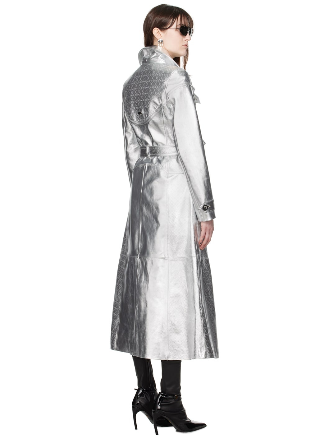 Silver Laminated Leather Trench Coat - 3