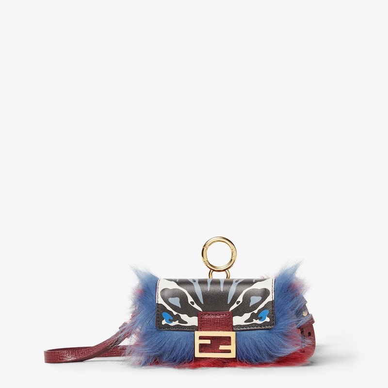 Nano Baguette Charm Printed leather and blue and red shearling charm 1