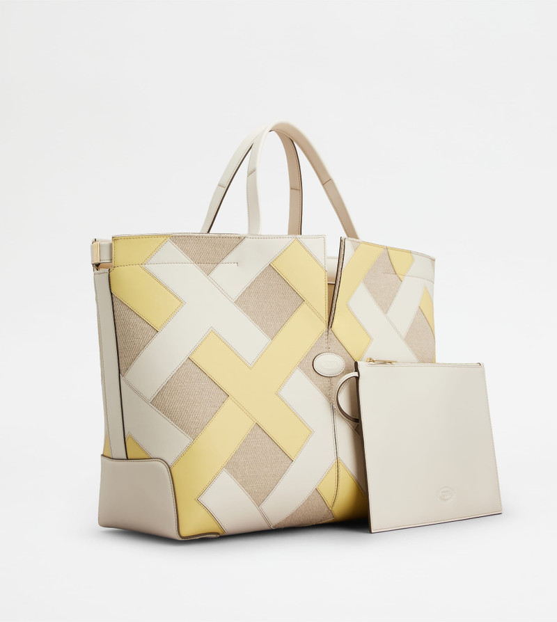 TOD'S DI BAG FOLIO IN LEATHER AND CANVAS MEDIUM - WHITE, GREY, YELLOW 3