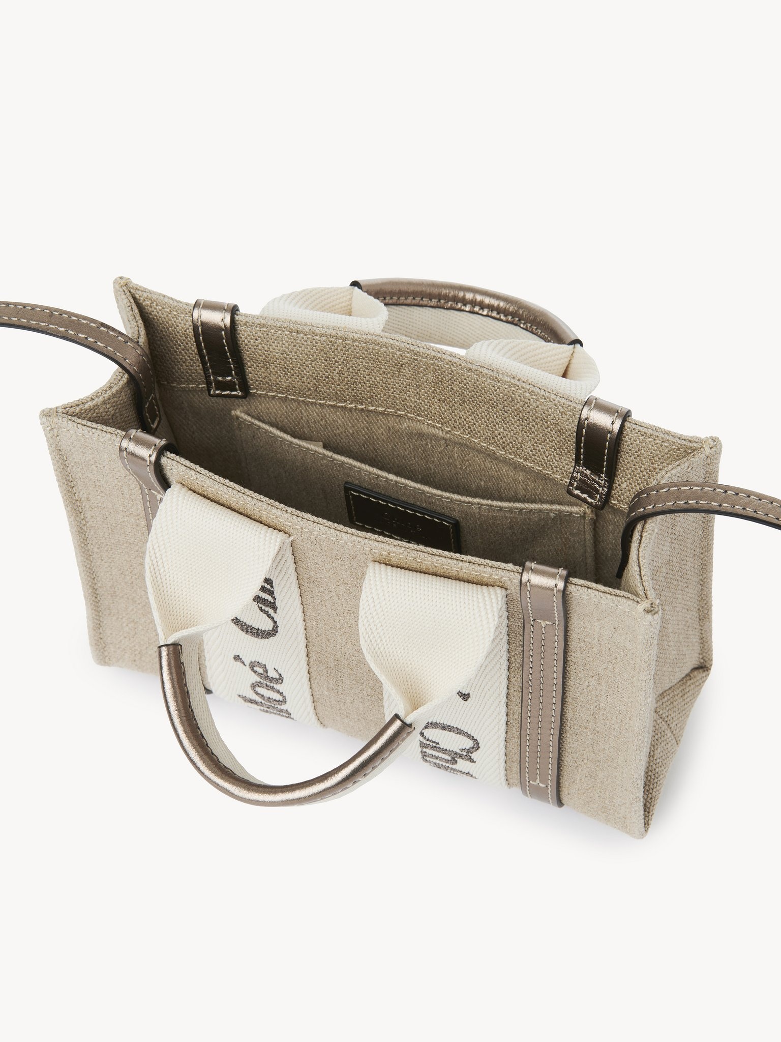 MINI WOODY TOTE BAG IN LINEN & LEATHER - 3