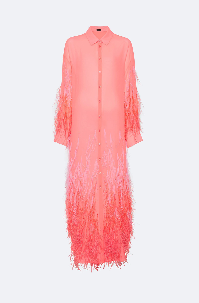 Lightweight Georgette Long Button Down With Feathers 1