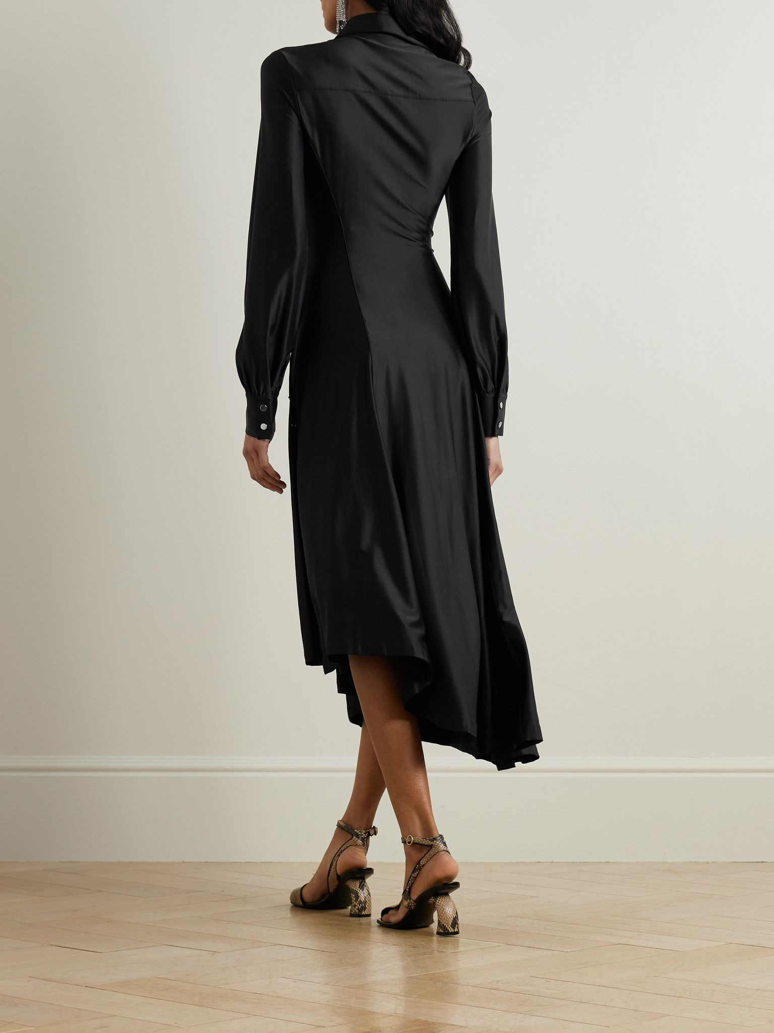 Embellished gathered satin-jersey midi shirt dress Black - 3