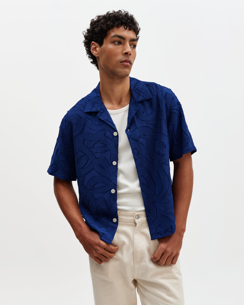 Wax London Curzon - Blue Jacquard Viscose Short-Sleeve Shirt outlook