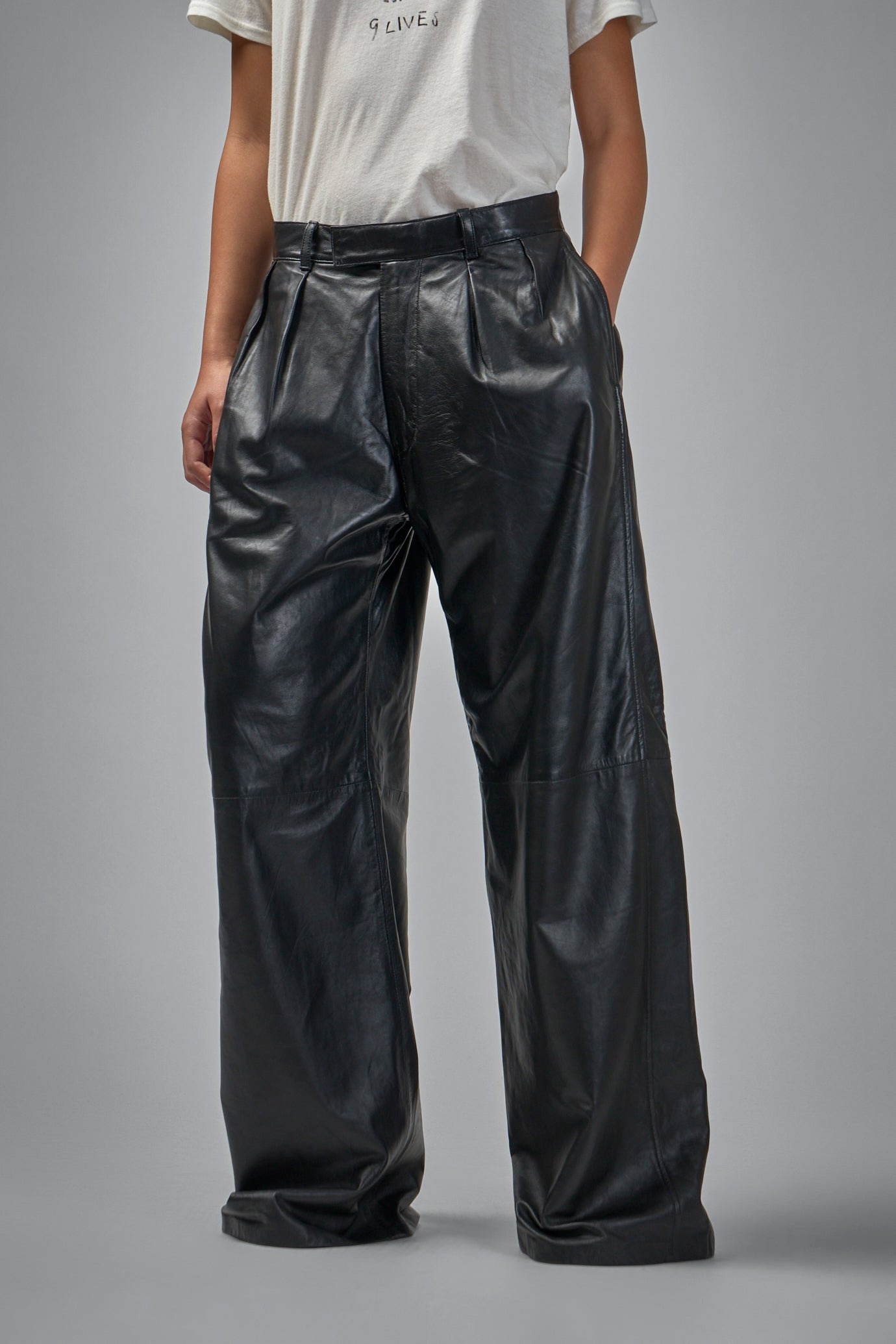 Pleated Wide Leg Leather Pant - 4