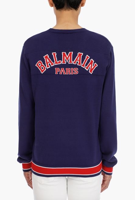 Navy blue cotton sweater with embroidered red and white Balmain logo - 5