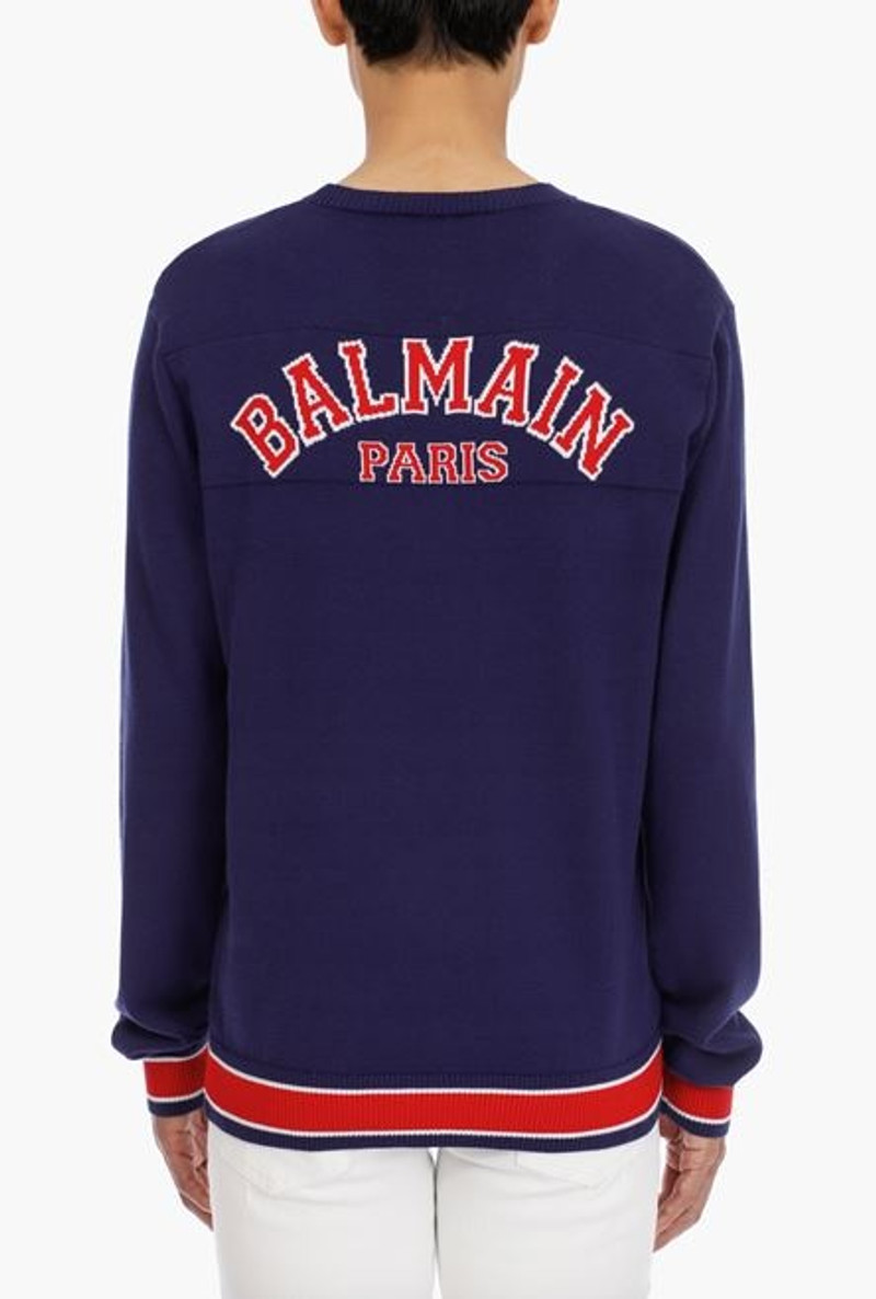 Navy blue cotton sweater with embroidered red and white Balmain logo 5