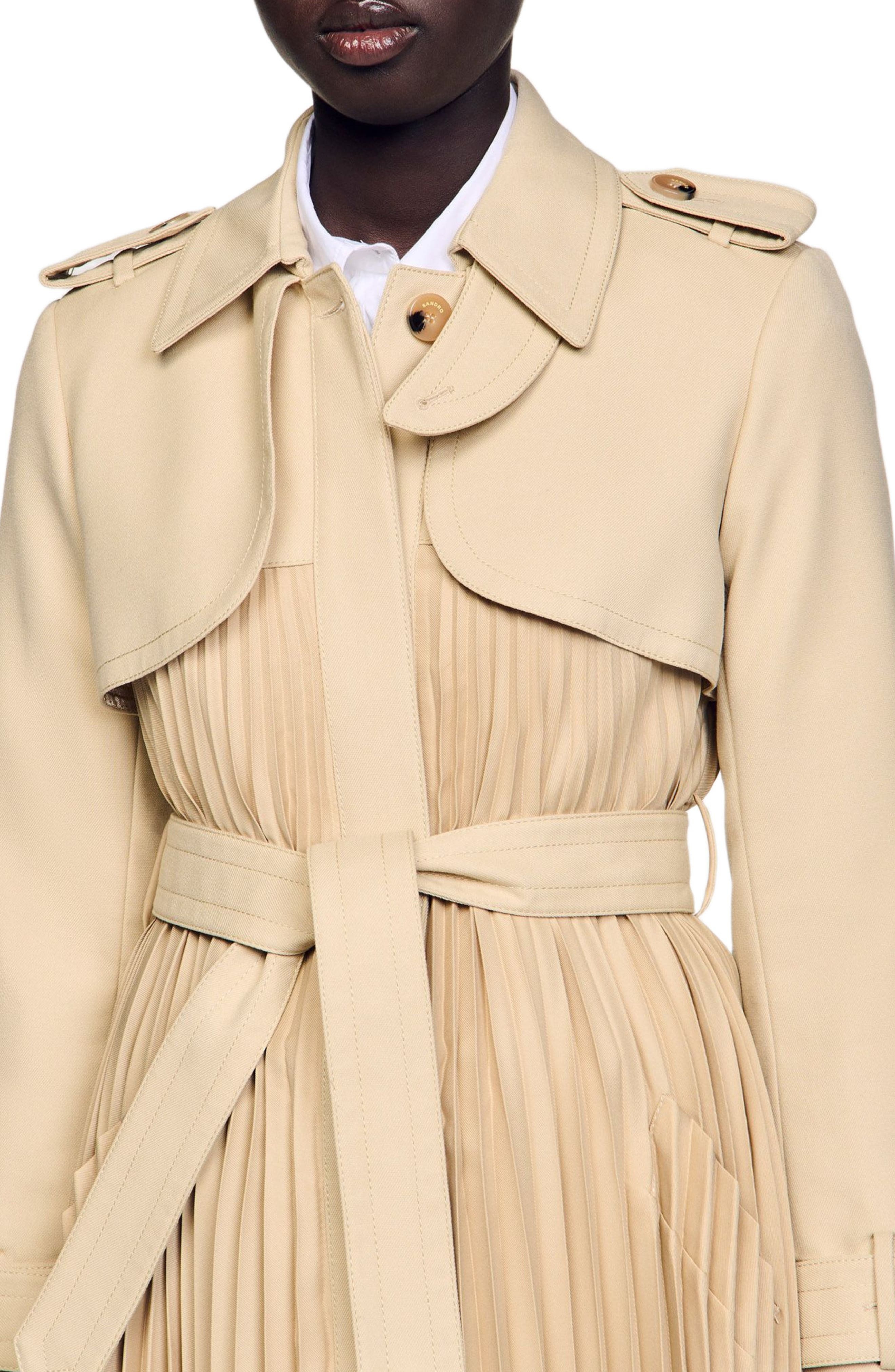 SANDRO Pleated trench coat with belt in Beige at Nordstrom - 5