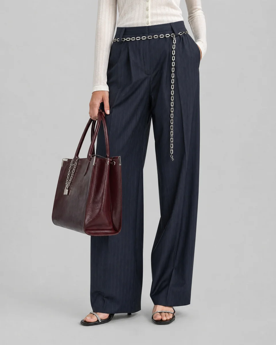 WIDE WOOL SUIT PANTS IN NAVY FINE STRIPE PATTERN - 1