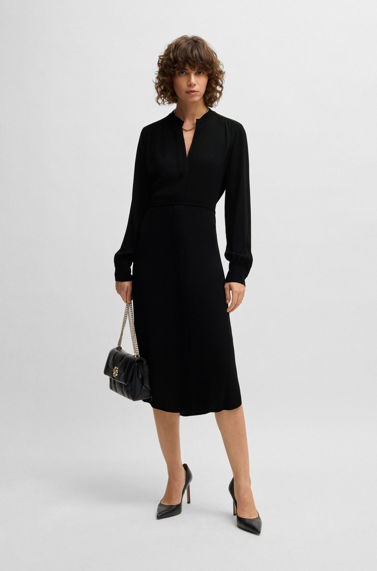 BELTED DRESS WITH COLLARLESS V NECKLINE AND BUTTON CUFFS - 2