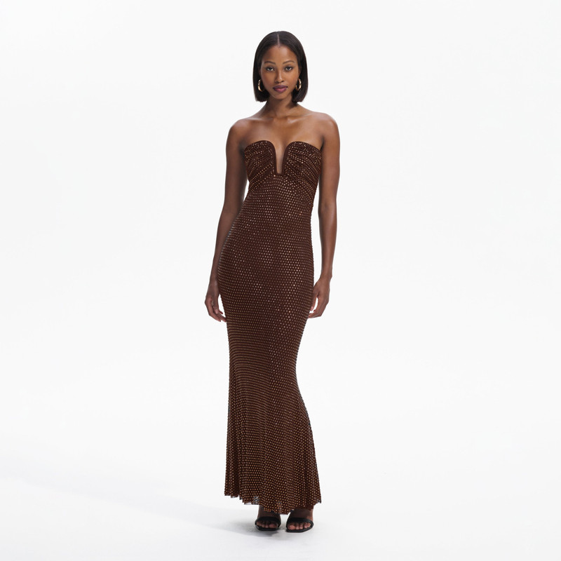self-portrait Brown Rhinestone Mesh Maxi Dress - RS24-108X-BR | REVERSIBLE
